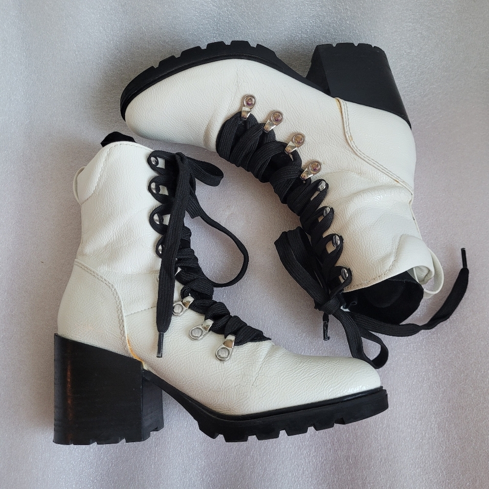 White Patent Leather Block Heel Combat Boots Kendall & Kylie Spencer Boot Size 7 - Picture 9 of 12